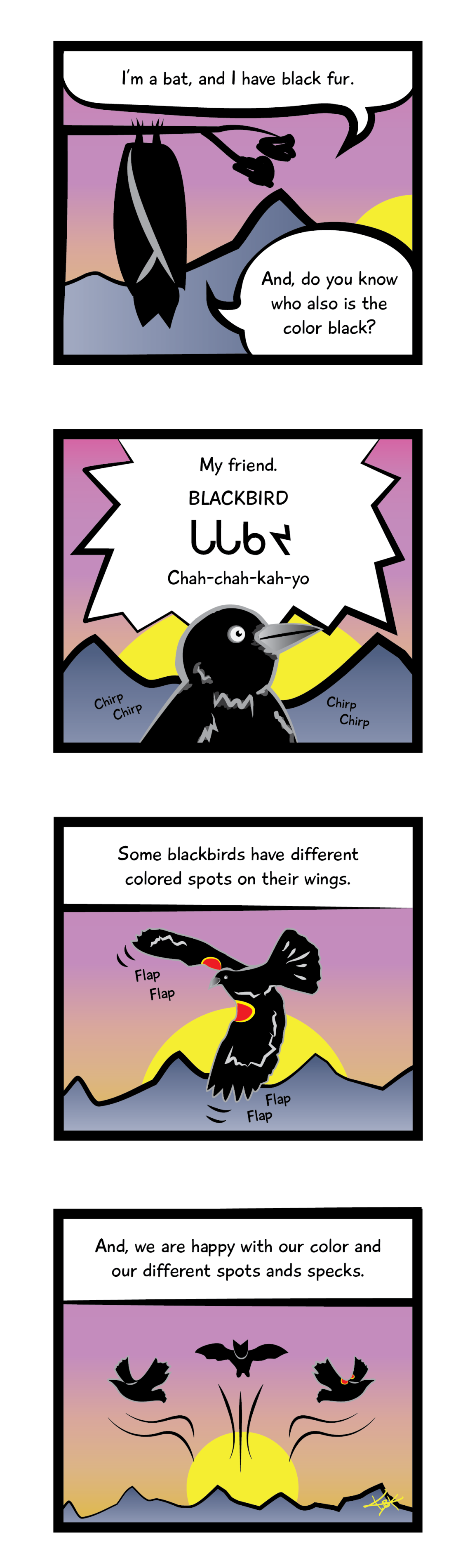 four-cuts cartoon of Kaylene Bigknife (Chippawa Cree) "Bat Flies With Blackbird"