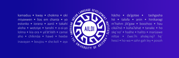 AILDI logo. On each side of the image, shows the word for "hello" in various indigenous languages.